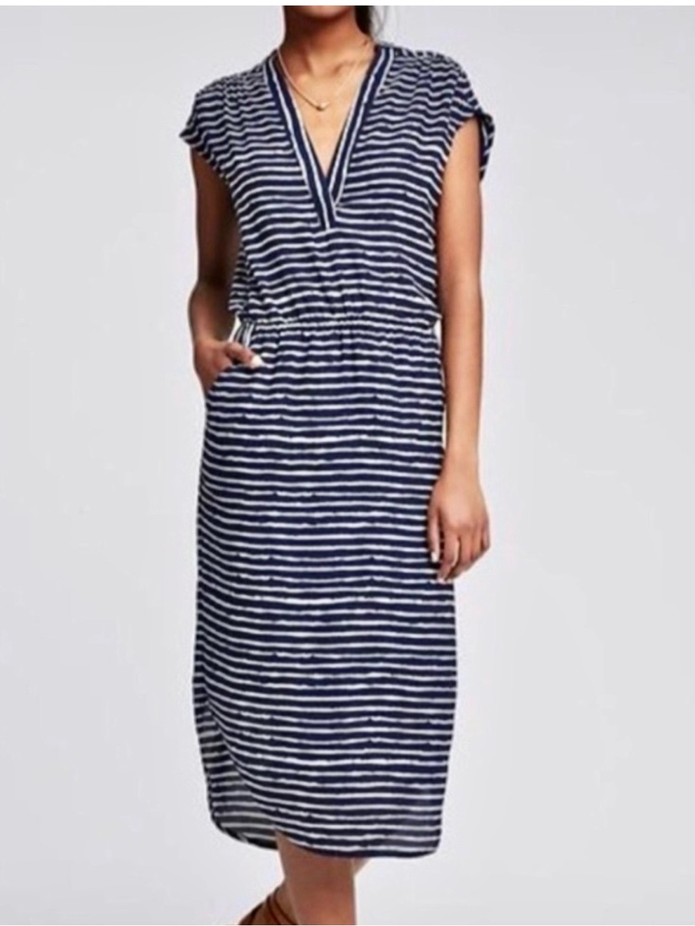 Banana Republic | Navy & White Striped V-Neck Midi Dress